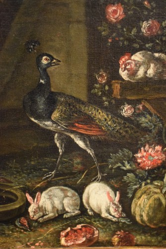 XVIIe siècle - Cour de ferme avec des animaux et des Fleurs - École Flamande du XVIIe siècle